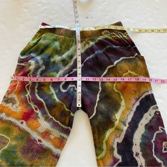 Handmade Tie Dye Pants Womens Small Geode Culottes Capri Crops Gold Purple Green - Picture 7 of 12